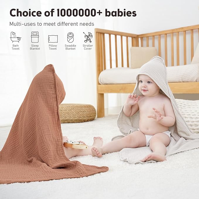 Susurration Hooded Baby Towels for Newborn 2 Pack 100% Muslin Cotton Towel for Babies，Highly Absorbent and Newborn Essential 30x30 Inch (Brown)