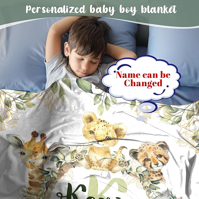 J&SBGFT Personalized Safari Animal Wood Baby Blanket, Custom Name, 30"x40", Brown, Green, Flannel, Unisex, Modern, Multi-Purpose, Customizable, Baby/Home