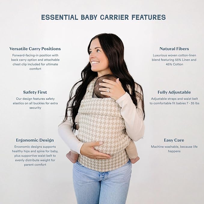 Ava & Oliver Essential Baby Carrier – Ergonomic, Hip-Healthy Soft Structured Carrier for Infants & Toddlers (7–35lbs) - Front and Back Carry, Breathable Fabric, Stylish & Lightweight (Houndstooth)