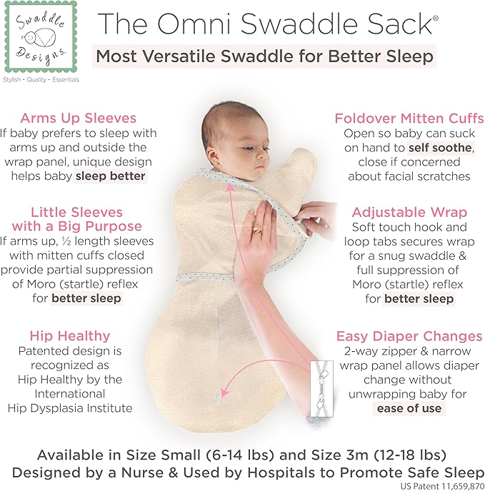 SwaddleDesigns 6-Way Omni Swaddle Sack Arms Up Swaddle for Newborn, More Options to Calm Startle Reflex, Improves Sleep