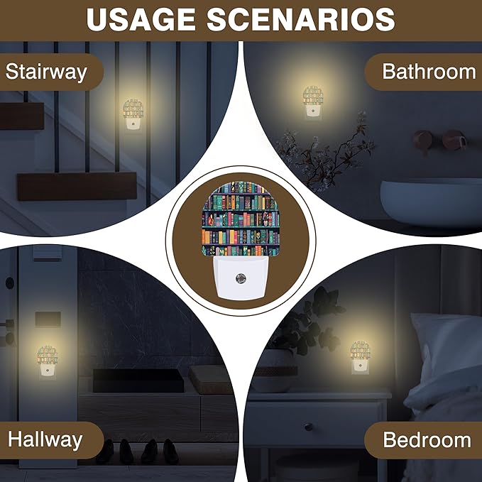 Book Night Light, Bookshelves Night Lights Plug into Wall Dusk to Dawn Sensor Round Nightlight for Women Men Energy Efficient Led Lamp 0.5W for Stairway Hallway Bedroom