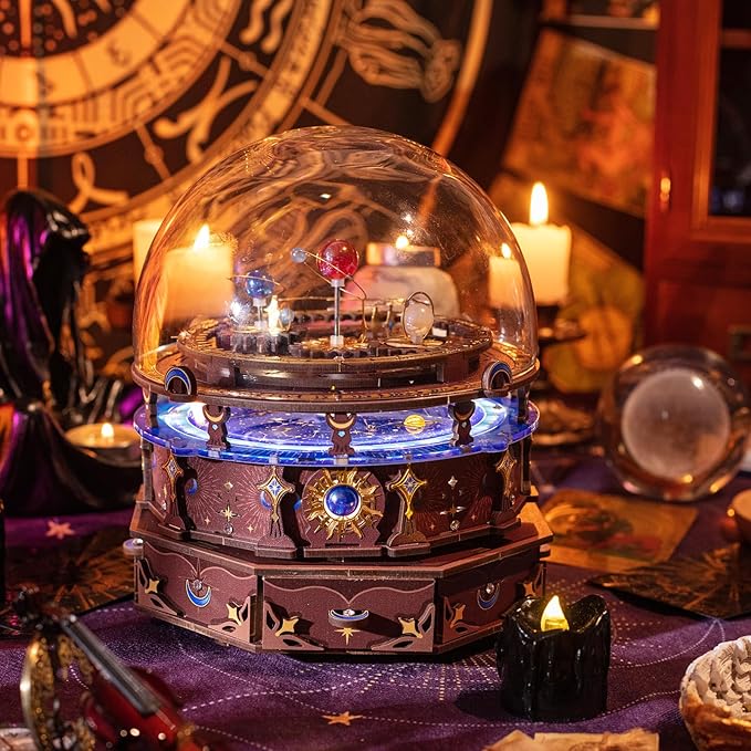MU 3D Wooden Puzzles The Planisphere Rotating World Globes Craft Work 3D Metal Puzzle Models Kits Treasure Boxes Miniature Building, Music Box DIY Set Birthday New Year Gifts Home Desk Office Decor