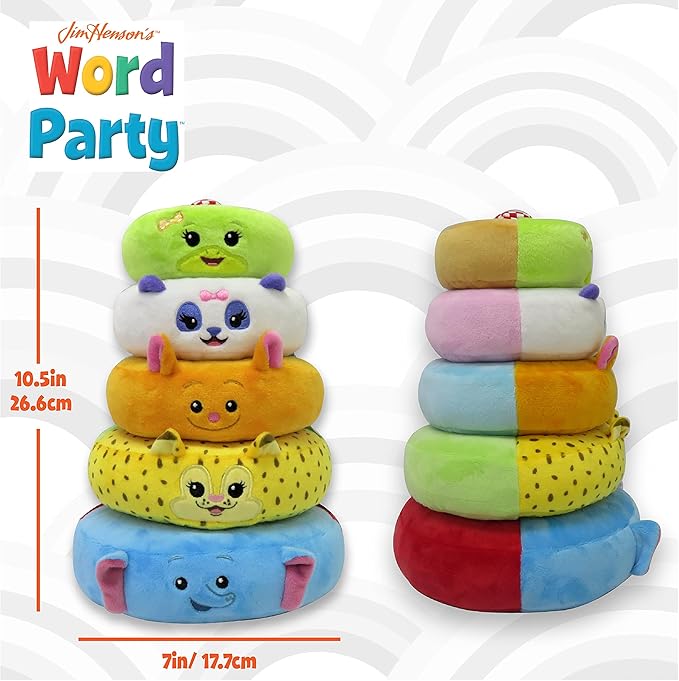 Word Party Plush Stacking Toy- Stack and Sort Colorful Word Party Characters- Encourages Hand-Eye Coordination and Motor Skills for Babies and Toddlers