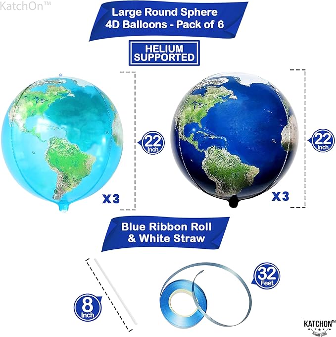 KatchOn, Globe Balloons for Globe Decorations - Big 22 Inch, Pack of 6 | Earth Balloon for Back To School, Around The World Decorations | World Balloons for Bon Voyage Party Decor, Travel Party Decor