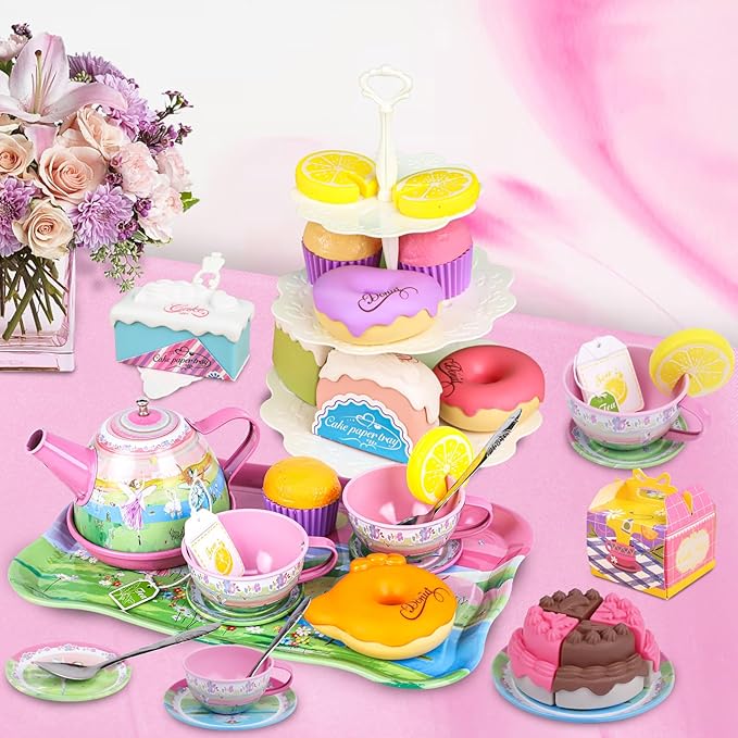Tea Set for Little Girls,PRE-WORLD 50PCS Princess Tea Party Time Toy Including Dessert,Cookies,Doughnut,Teapot Tray Cake, Tablecloth & Carrying Case,Kids Kitchen Pretend Play for Girls Boys Age 3-6