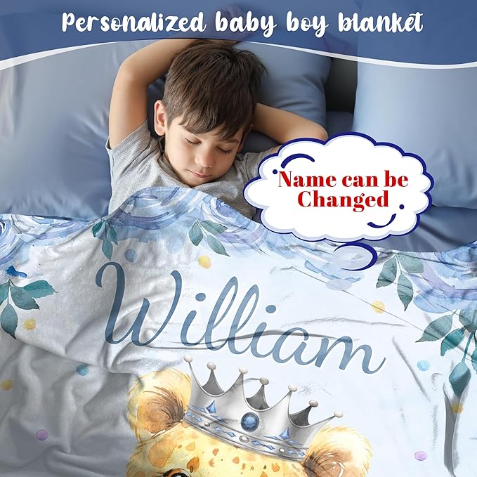 J&SBGFT Personalized Baby Blankets, Custom Baby Blanket with Boys' Name, Receiving Blankets for Toddlers & Kids, Nursery, Stroller & Crib Decor Throw Blue Lion