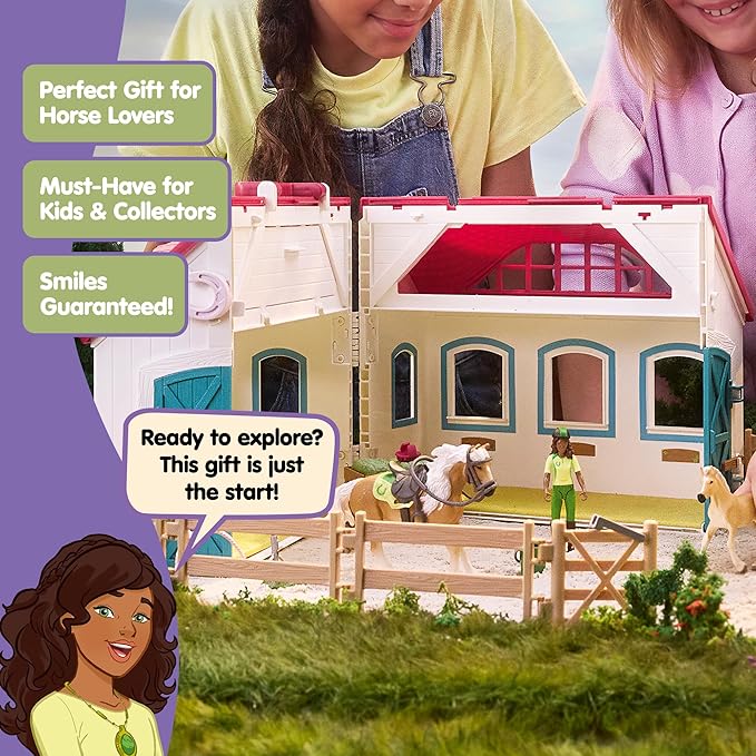 schleich Horse Club - 60PC Little Horseshoe Open Stable Playset - With 2 Horse Figurines, Action Figure, Stable and Accessories - Toy Horses for Girls and Boys - Kids Ages 5+ | 42703