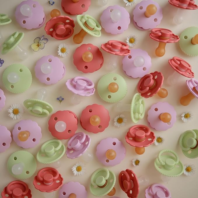 FRIGG Daisy Natural Rubber Baby Pacifier | Made in Denmark | BPA-Free (Poppy/Lupine, Size 1) 2-Pack