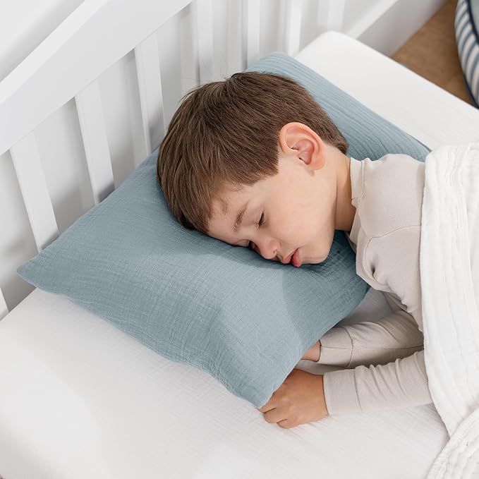 Comfy Cubs Toddler Pillow with Muslin Pillowcase, 13 x 18 in - Travel and Sleep Support for Kids - Lightweight, Breathable Microfiber Fill - Soft and Cozy Small Pillow for Toddlers - Pacific Blue