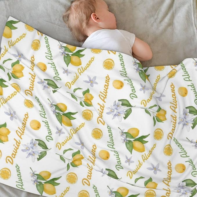 Ship Next Day Personalized Baby Blanket, Printed in USA - Custom Name Toddler Blanket with Lemon Pattern, Personalized