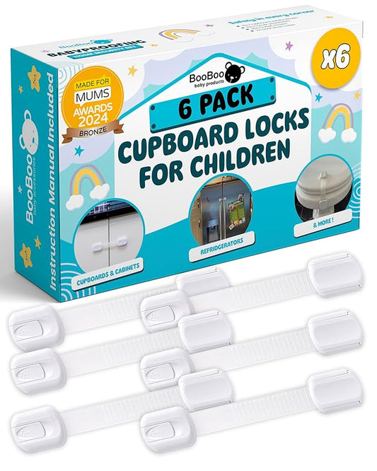 Booboo® (6 Pack) Premium Child Safety Cupboard Door Strap Locks | Baby Proof Your Cabinets with No Trapped Fingers | Extra Easy Installation, No Tools Needed
