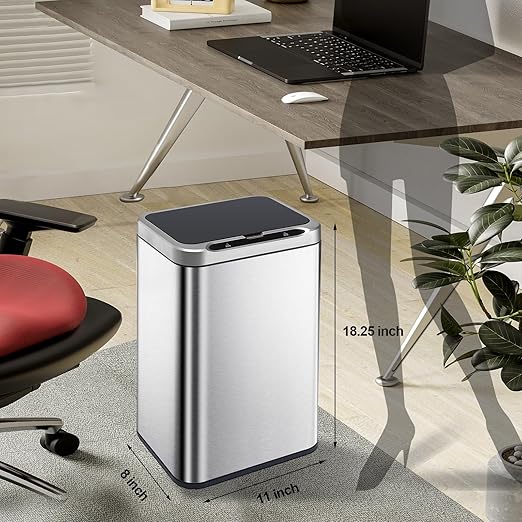 ELPHECO Stainless Steel Office Trash Can Motion Sensor Garbage Can Touchless Smart Trash Can Automatic Waste Bin for Kitchen, Office, Bathroom (Silver, 6.6 Gallons), 2AA