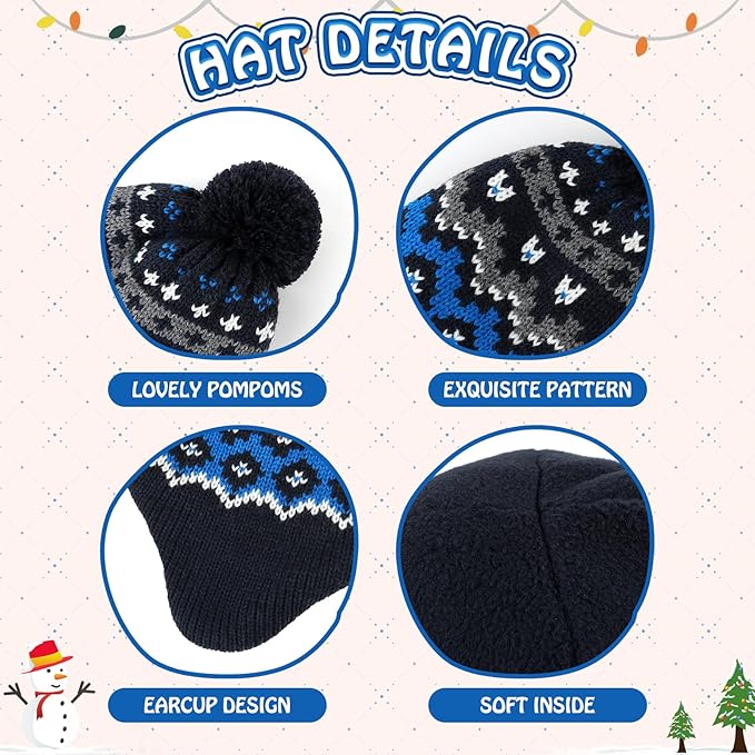 Duoyeree Kids Beanie Hat for Boys Girls Pom-pom Kint Hats Cozy Lining Winter Skull Cap
