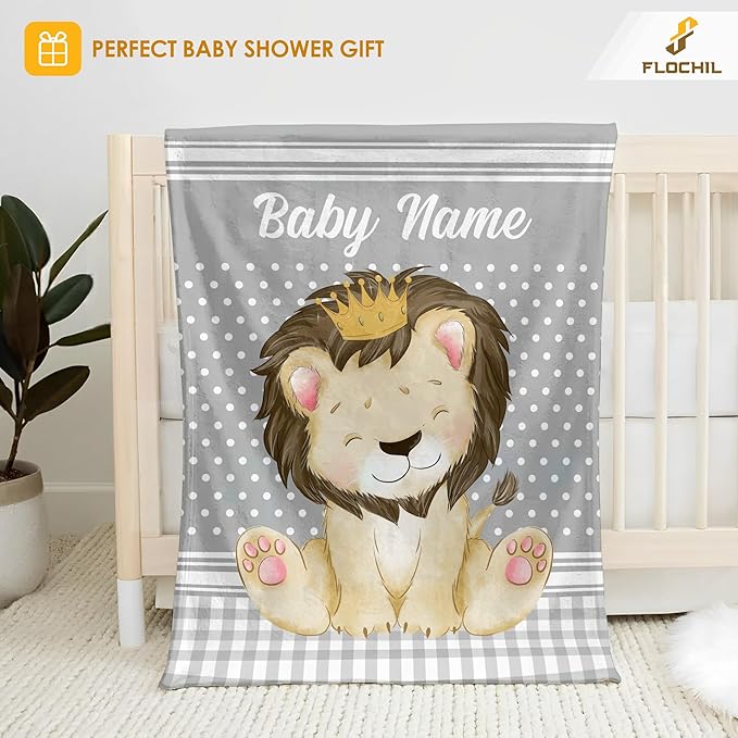 Personalized Baby Blankets, Custom Baby Blanket - Baby Blanket with Name for Boys, Best Gift for Baby, Newborn Elephants Flush Fleece (30x40) (Lion)