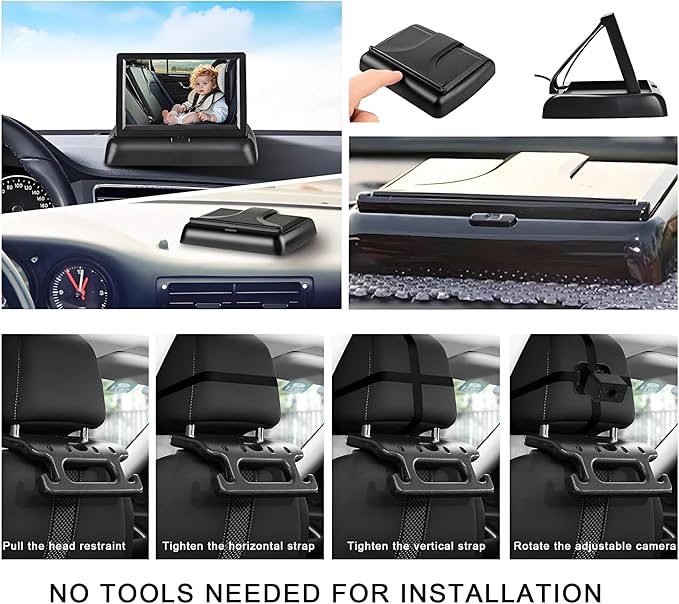 Baby Car Camera for Backseat-HD 720P 4.3 inch Monitor with Night Vision, 360° Rotation, 150° Wide View Angle. Protects Your Baby’s Eyes.Rear-Facing Backseat Camera for Kids, Infants, and Newborns KB45