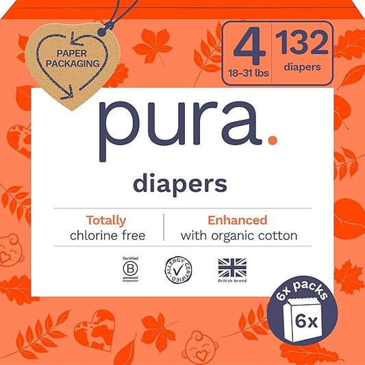 Pura Sensitive Skin Baby Diapers | Size 4 (18-31 lbs) | Hypoallergenic, Totally Chlorine Free, Fragrance Free, Up to 12-Hour Leak Protection | 6 Packs of 22 (132 Diapers)