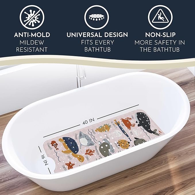 Homerella Baby Bath Tub Mat | Anti Mold Mildew Resistant Non Slip Kids and Adult Bath Tub Shower Mats | 40x16 inch Long with Suction Cups for Secure Grip Hooks for Storage & Drying | Machine Washable