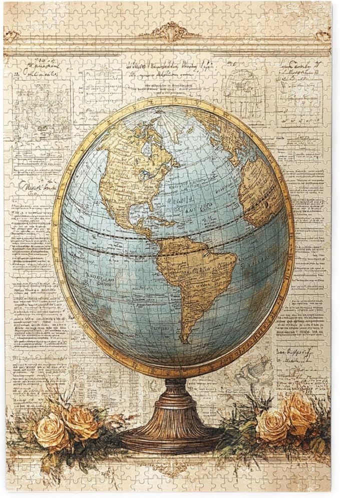 Classic Globe with Detailed World Map and Vintage Documentation, Beautifully Complemented by Decorative Roses，1000 Piece Adults Wooden Jigsaw Puzzle，Ideal for Relaxation and Family Fun