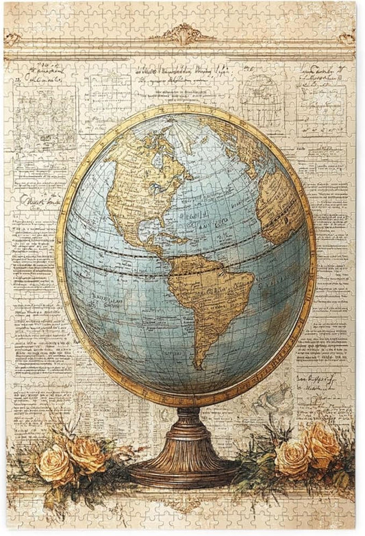 Classic Globe with Detailed World Map and Vintage Documentation, Beautifully Complemented by Decorative Roses，1000 Piece Adults Wooden Jigsaw Puzzle，Ideal for Relaxation and Family Fun