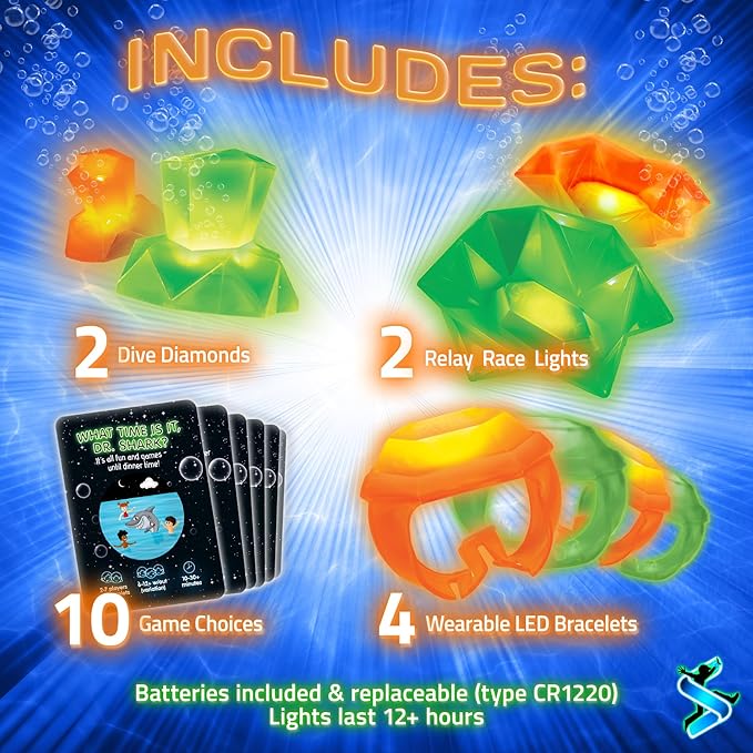 Glow in The Dark Pool Toys: Starlux Pool Party Set – Up Pool Games for Kids | Ages 8+, 1-8 Players | Swimming Bracelets, Floating Lights & Diving Gems | 10 Play Options | Reusable & Eco Friendly