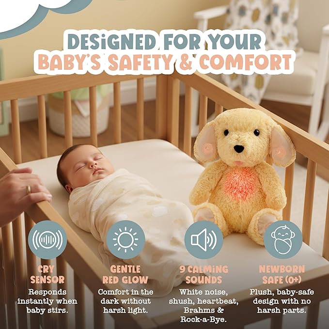 Gemma Joy Baby Sleep Soother Puppy for Baby – Cry Activated Heartbeat Stuffed Animal – Rechargeable Crib Soother with White Noise, Shush, Lullabies & Night Light – Newborn Essentials Must Haves