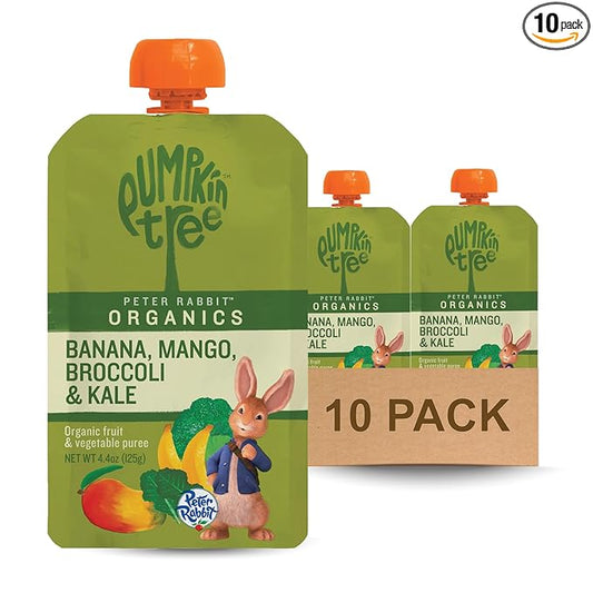 Pumpkin Tree Peter Rabbit Organics, Banana, Mango, and Kale, 4 Squeeze Pouch, Mango, Broccoli & Kale, 4.4 Ounce (Pack of 10)