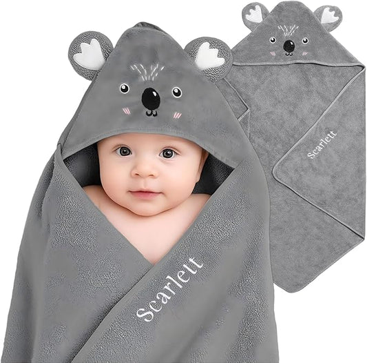 Personalized Baby Towels for Newborn Custom Embroidery Name Hooded Baby Bath Towels for Boy Girl Newborn Essentials Must Haves Shower Gift Soft Coral Velvet 30"x30" (Gray)