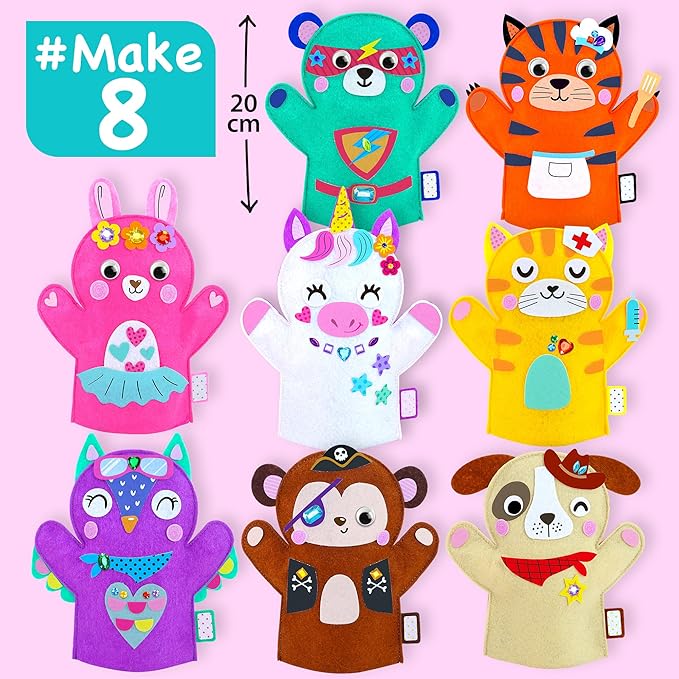 Unicorn Hand Puppet Making Kit for Kids Age 5-8 - DIY Puppet Making Craft Kit - Creative Arts & Crafts Set, Educational Gift - 8 Projects, Extra Stickers for Decoration