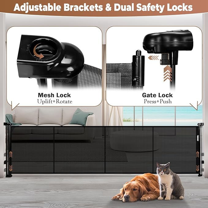 120" Retractable Baby Gate Extra Wide, 41" Tall Retractable Dog Gate for Stairs, Doorways, Decks, Mesh Gate Long Child Gate Pet Gate for Indoor, Outdoor, with Reinforced Mesh Rods, Dual Locks