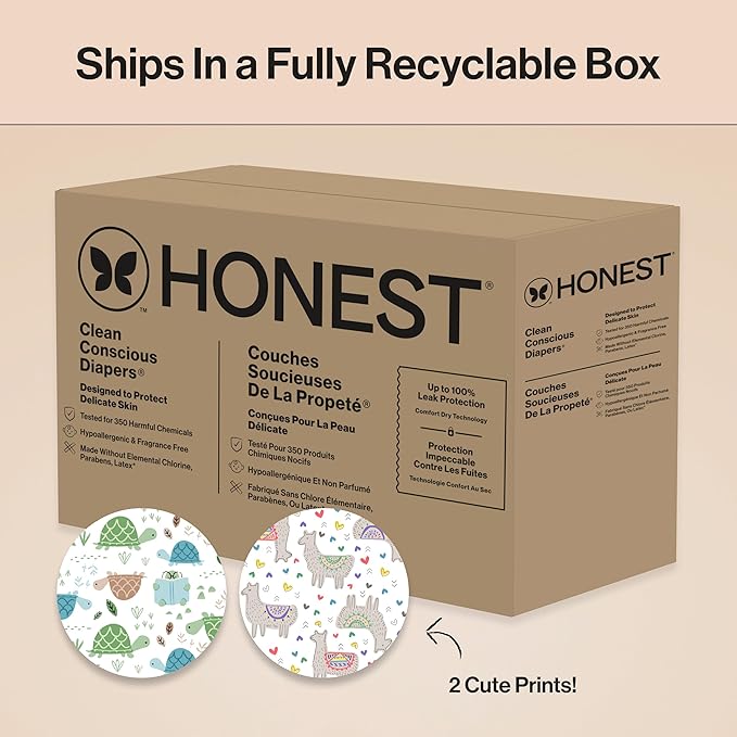The Honest Company Clean Conscious Diapers for Sensitive Skin, Up to 100% Leakproof Hypoallergenic Fragrance-Free Baby Diapers, Gender Neutral Prints, Super Club Box, Size 1 (8–14 lbs), 136 Count