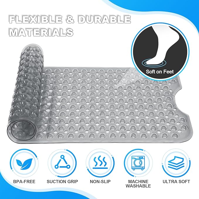 Linoows Bathtub and Shower Mats, 40x16 Inch Extra Large Non Slip Soft Bath Tub Mat with Suction Cups and Drain Holes for Bathroom Floor and Keep Tubs Clean, Machine Washable, Clear Gray
