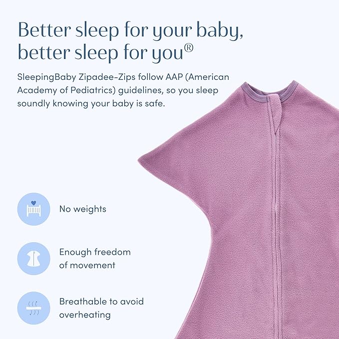 SleepingBaby Zipadee-Zip Transition Swaddle - Cozy Fleece Wearable Blanket with Two-Way Zipper for Baby Sleep - Lavender, X-Small (3-6 Month)
