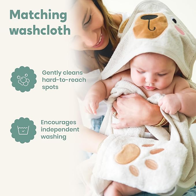CuddleBug Hooded Baby Bath Towel & Washcloth Set (Bear) - 100% Cotton Terrycloth Hooded Baby Towels for Newborn & Toddler, Super-Soft & Ultra-Absorbent, Newborn Essentials (30" x 30") - Honey Beige