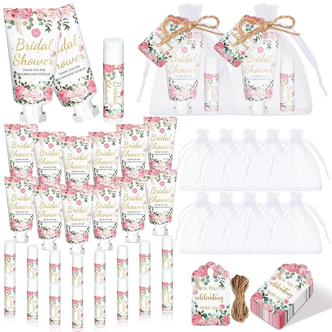 24 Sets Hand Cream and Lip Balm Gift Bridal Baby Shower Party Supply Travel Size Hand Lotion and Lip Balm Bulk with Organza Bag and Tag Wedding Baby Shower Party(Cherry,Floral)