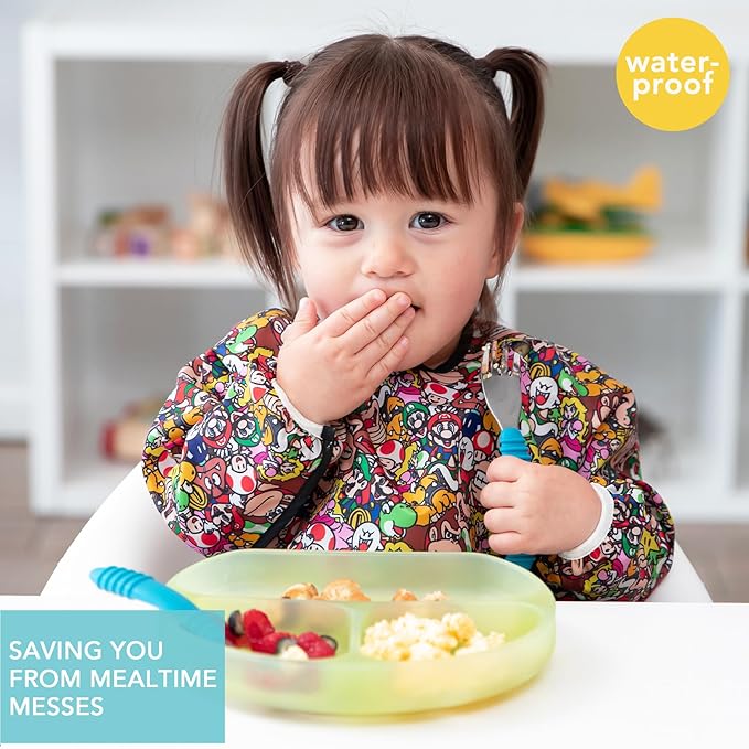 Bumkins Sleeved Bib for Girl or Boy, Baby and Toddler for 6-24 Mos, Essential Must Have for Eating, Feeding, Baby Led Weaning Supplies, Long Sleeve Mess Saving Food Catcher, Nintendo Super Mario