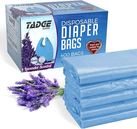 Baby Disposable Diaper Bags 400 Pack - Scented Lavender Odor Absorber Biodegradable Plastic Sacks for Trash - Essential Items for Dirty Diapers - Refill 400 Count