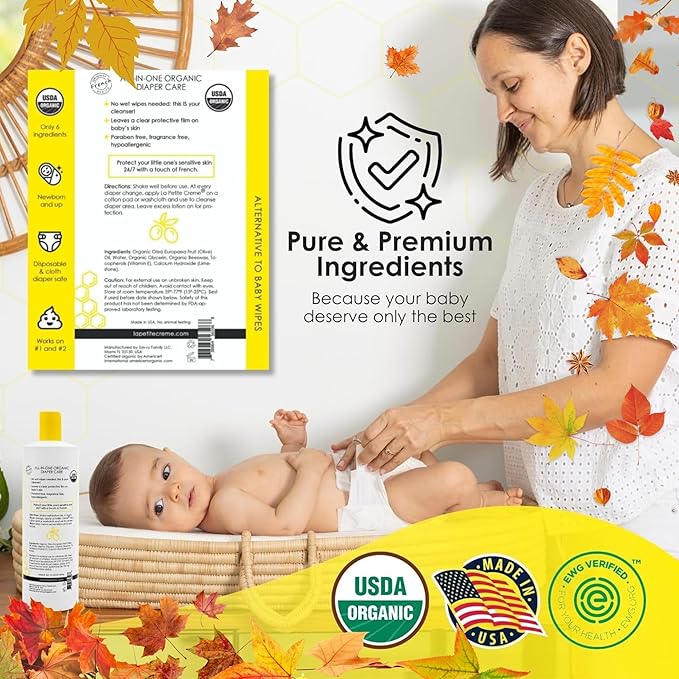La Petite Creme French Premium Diapering Lotion - Diaper Cream Alternative to Baby Wipes - Gentle Moisturizer & Skin Cleanser with USDA Certified Organic Ingredients - Baby Essentials (20 oz)