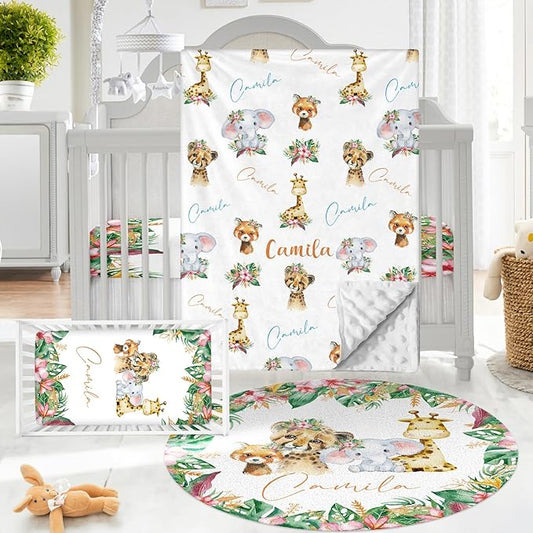 Personalized Baby Crib Bedding Set - Custom Name Lions Design 3 Pcs Set - Soft Blanket with Double Layer Dotted Backing, Fitted Sheet, Room Rug for Newborns Boys Girls Shower Gift