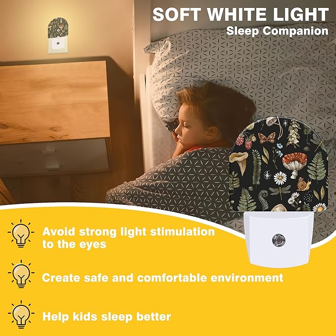 Night Lights Plug into Wall Nature Woodland Mushroom Forest Plants Night Light Dusk to Dawn Smart Sensor Decorative Round Led Lamp for Bedroom Kitchen Hallway Nightlight for Women Men