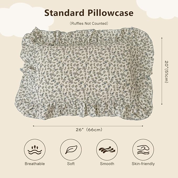 BuLuTu Soft Cotton Kids Pillowcases Standard Size, Blue Floral Toddler Pillowcases for Girls Boys, Cotton Muslin Pillow Protector for Children Bedding Gift, Envelope Closure,20"x26",1 PC