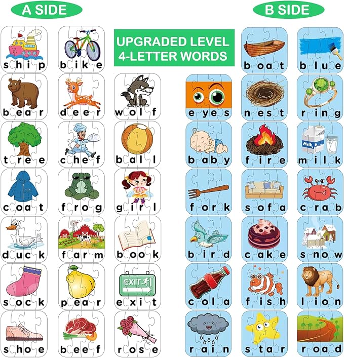 80 Words Self-Correcting Spelling Puzzles, Double-Sided Three and Four Letter Words with Matching Images, Perfect for Preschool Learning