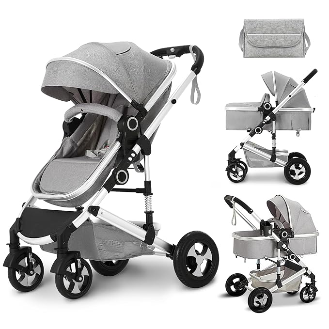 Kinder King 2 in 1 Convertible Baby Stroller, Folding High Landscape Infant Carriage, Newborn Reversible Pram, Adjustable Canopy, Diaper Bag, Anti-Shock Toddler Pushchair Stroller, Light Grey