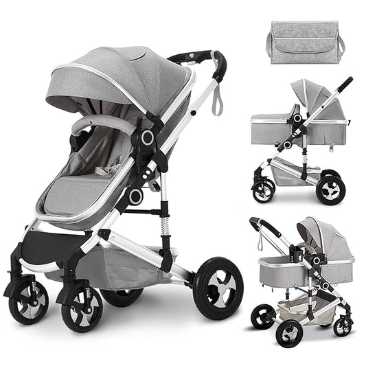 Kinder King 2 in 1 Convertible Baby Stroller, Folding High Landscape Infant Carriage, Newborn Reversible Pram, Adjustable Canopy, Diaper Bag, Anti-Shock Toddler Pushchair Stroller, Light Grey