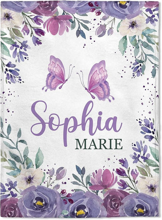 FLOCHIL Personalized Baby Blankets, Custom Baby Blanket - Baby Blanket with Name for Girls, Best Gift for Baby, Newborn Floral Plush Fleece (30x40)