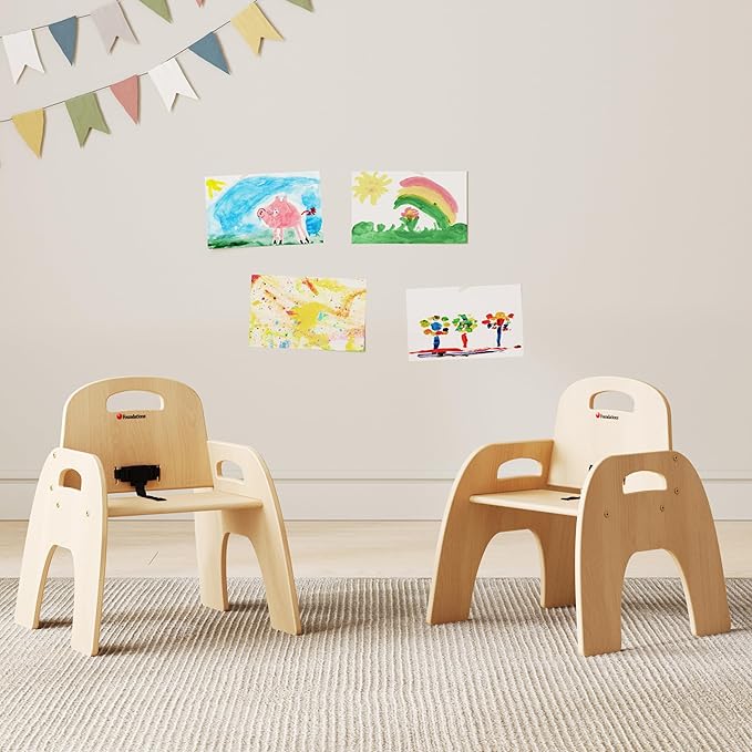 Foundations Simple Sitter Low Wood Feeding Chairs Multipack, Wide No-Tip Base, Adjustable Safety Harness, Stackable Wood Toddler Chairs with Food Service Grade Finish, 2 Pack (11 inch)