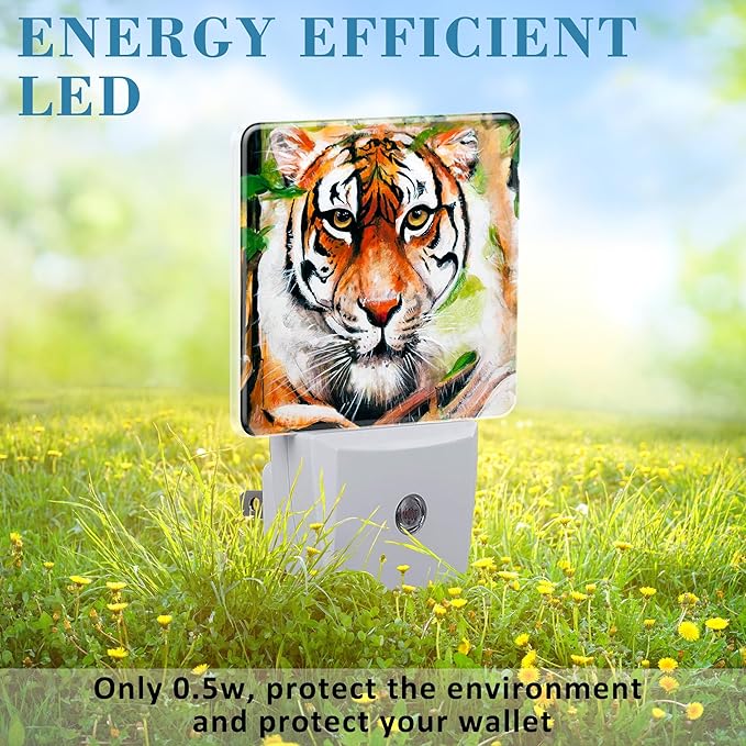 Plug in Night Lights Oil Painting Tiger in Jungle Nightlight Plug Into Wall Dusk to Dawn Sensor LED Night Light for Kid Girls Boys Women Room Decor,Hallway,Kitchen,Bathroom,Nursery,Stairs