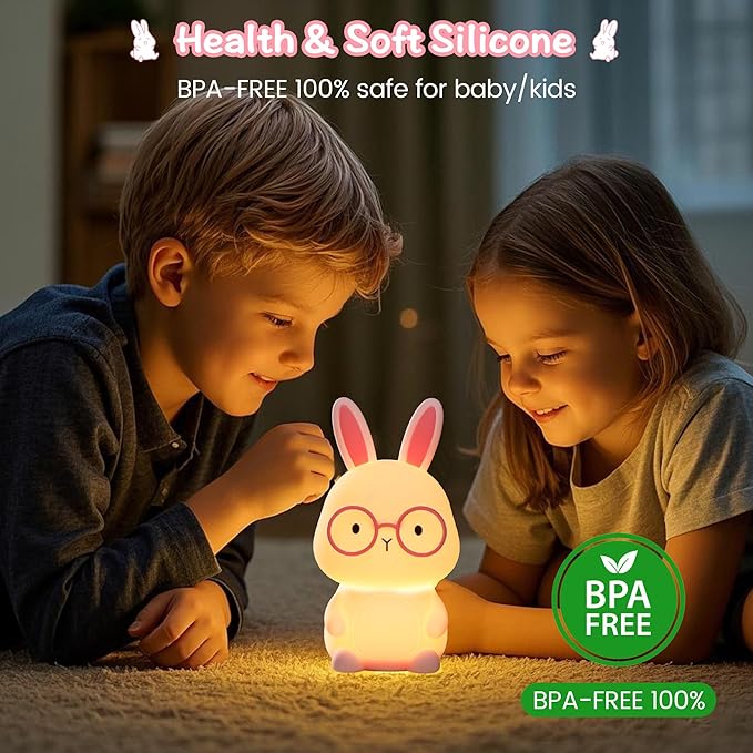 Bunny Night Light for Kids, Soft Silicone Nursery Lamp, 7-Color Glow, 3-Level Dimmable Warm Light, Tap Control, 30Min Timer, Rechargeable, BPA-Free, Easter & Birthday Gift, Baby Room Decor, Pink