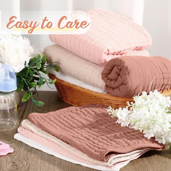 VitalCozy 8 Pcs Baby Muslin Hooded Bath Towels and Washcloths, 32 x 32 Inch Muslin Cotton Hooded Baby Towels Absorbent Hooded Blankets for Gift Newborn Infant Shower (Pink,White)