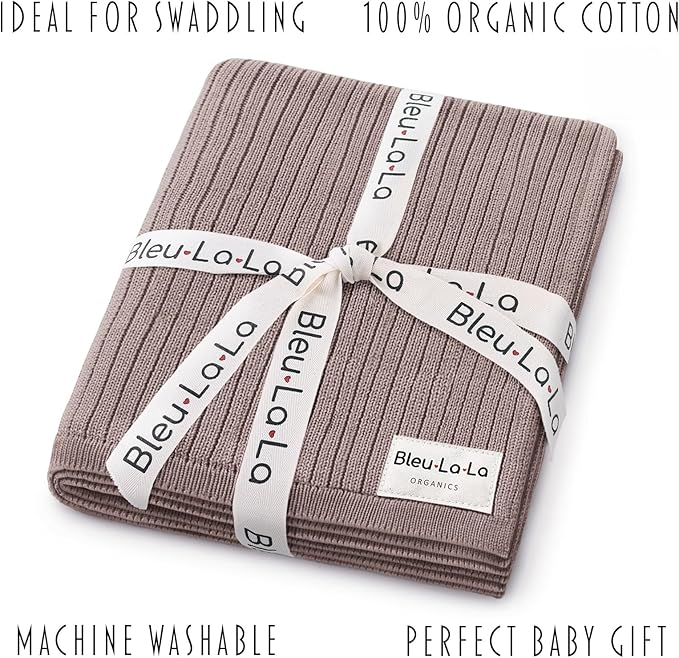 Organic Ribbed Swaddle Blanket for Boys & Girls - 100% Luxury Organic Soft Cotton Knit Warm Cozy Cuddle Stroller Blanket for Newborns, Infants, & Toddlers (Milk Chocolate)
