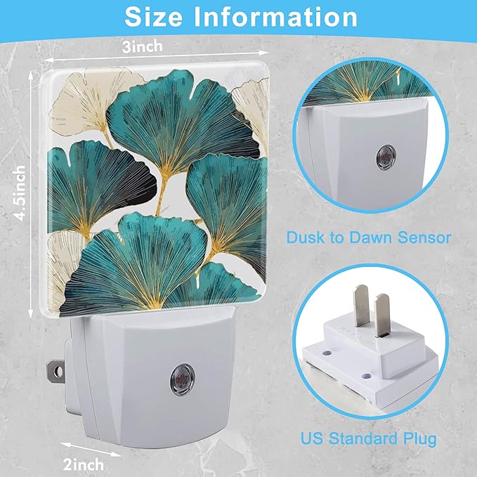 Ginkgo Leaves Green Plant Plug in Night Light with Auto Dusk to Dawn Sensor,Warm Night Lights for Boys Girls Bedroom Bathroom Hallway Kids Room Gifts